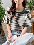 Striped T-Shirt Women's Short-Sleeved Summer 2025 New Cotton Top Loose Thin Circle Neck-Triped Style
