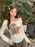 One-×Ö-Neck Cute Puppy Prints Out-Shoulder Long-Sleeved T-Shirt For Women 2026 In Early Autumn New Folding Lace Slanted Shoulder Coat