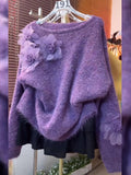Korean Languid Three-Dimensional Flowers Purple Knitted Shirt Women 2025 Autumn And Winter New Loose Thin Sweater Top Tide