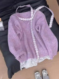 French Purple Lace Ribbon V-Neck Sweater Female Spring And Autumn Atmosphere Knitted Shirt Unique Super Good-Looking Top Tide
