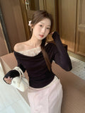 Korean Fake Two Lace One-Word Collar Design Long-Sleeved T-Shirt Girl Spring 2026 New Small Top
