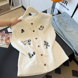 Small Scented Embroidered Sleeveless Vest Knitted Cardigan Women's Spring And Autumn Fat Vest Cover The Stomach Horse Clip Top