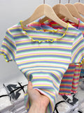 Pure Cotton Shoulder Rainbow Striped Short-Sleeved T-Shirt For Summer New Design Wood Ear Collar Body Dress
