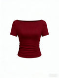 Hottie Solid Color Boat Collar Horn Sleeve T-Shirt Girl 2025 Autumn Dress Folds Thin Tops Long Sleeve