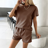 Dili Women's Clothing 2025 Summer Solid Color Knit Round Collar Top Shorts Casual Two-Piece Set