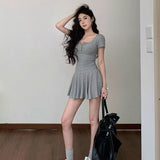 Gray U-Neck Short-Sleeved Dress Woman Summer Small Folded Waist A Skirt Babes Tling Skirt