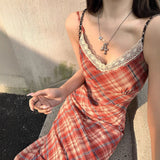 Lace V Collar Red Lattice Sling Dress Girl Spring And Summer Hottie Waist Thin Holiday Bag Hip Long Skirt