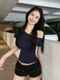 Tibetan Blue Shoulder-To-Shoulder Cotton Short-Sleeved T-Shirt Women 2025 New Summer Korean Wearing A Short Collarbone Top