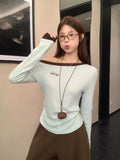 Green Babes Oblique Shoulder-To-Shoulder Letter Embroidered Long Sleeve-Bottomed Shirt Woman 2026 Autumn Folding Waist Splicing Top