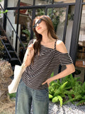 2026 Summer Beautiful Design With A Sense Of Color Stripes Unique Short-Sleeved T-Shirt Women's Oblique Shoulder-To-Shoulder Loose Chic Top