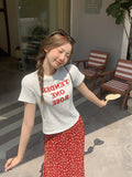Korean White T-Shirt Women's New Summer Round Collar Front Shoulder Letter Printing Design Feel Loose With Short-Sleeved Top