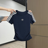 White Three Bar Embroidery Design Sense Short-Sleeved T-Shirt Girl Summer Collar Into Shoulder Sleeves Small Short Top