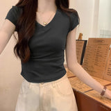 2026 Summer Light Blue Folds To The Waist Shoulder Short-Sleeved Women's T-Shirt Small Flying Sleeve V Collar Collar Collar Collar Collar Collar Sexy Top