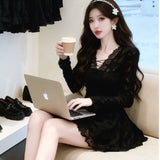 Purely Sexy V-Neck Lace Spliced Long-Sleeved Dress Women's Autumn And Winter New High-End Slim Slim Slimming A-Skirt