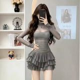 Light Luxury Temperament Mesh Splicing Long Sleeve Deep High-Neck Cake Skirt Women's High-End Feel French Banquet Dress