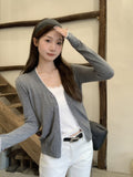 Korean Lazy Lace Spliced Gray Long-Sleeved Top 2026 Early Autumn New Simple High-End T-Shirt Cardigan Woman