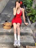 French Red Lace Lace V-Necked Neck Dress Woman Summer Seaside Holiday Slim Thin Babes Short Dress