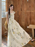 Broken Flower Short-Sleeved Dress Women's Summer French Way To Receive Waists Thin Back Small Flying Sleeve Long Skirt Sweet Wind