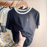 Apricot Short-Sleeved Women's Clothing 2026 Summer New Design Embroidered T-Shirt Thin Waffles Thin Top