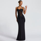 2025 New Hanging Neck Tie Mesh Splicing Ribbon Dress Dress Dress