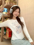 Cat Print Design Feels White Bottom Shoulder With Long-Sleeved T-Shirt 2026 Early Autumn New Thin Top