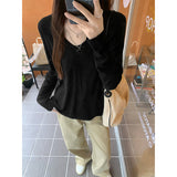 Lazy Windy Feeling White Pure Lust U Collar Long-Sleeved T-Shirt Girl Early Autumn With Hot Girls Loose Thin Bottom Shirt Top
