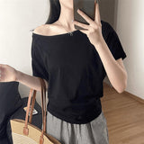 Korean Pure Cotton Oblique Shoulder Shoulder Two Short-Sleeved T-Shirt Women 2025 Summer Light And Cool Lazy Loose Top