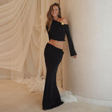 Autumn 2025 Sexy Slanted Shoulder Horn Sleeve Top Fashion Slimming Half-Body Hip Skirt Suit