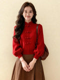 Christmas And New Year Red Chinese Buckle Sweater Women's Autumn And Winter Loose Lazy High-End Knitted Shirt Top