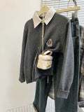 Fake Two Sweater Cardigan Coat Women Autumn And Winter Small College Style Shirt Collar Gray Knitted Shirt