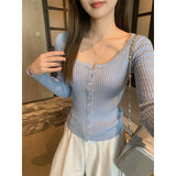 Pure Hot Girl Purple Folded Knitted Cardigan Women Autumn Collar Straight Shoulder Slim Thin Coat Beautiful Short Top