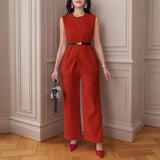 Spring And Summer 2025 New Women's Solid Color Jacket Sleeveless Belt Two Sets Of Trouser Casual Set