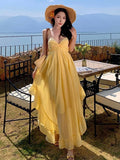 French Beautiful Yellow Sling Dress Woman's Tide 2026 New Seaside Holiday Sexy Bare Back Irregular Dress