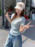 Pure Lace Side U-Neck Short-Sleeved T-Shirt Women 2026 Summer New Collared Button Repair Inside The Bottom Top