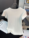 Sweet White Shoulder Short-Sleeved Women's T-Shirt Summer Round Collar Print Letters To The Waist Thin Temperament Chic Short Blouse