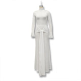 Ins Women's 2025 Autumn And Winter Pure Color Half-High Collar Long-Sleeved Dress With Ribbon Temperament Long Dress