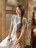 Summer Ootd Wear Fake Two Lace Collar Knitted Short-Sleeved T-Shirts For Women's New Sweet Casual Top