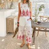 Dili 2025 Spring And Summer Leisure Holiday Wind Hit The Color Print Cane Seven-Point Pants Suit Woman