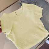 Mint Green Knitted Shoulder Ice Silk Short-Sleeved T-Shirt Women 2025 New Burst Summer Dopamine Chic Top