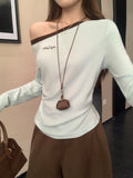 Green Babes Oblique Shoulder-To-Shoulder Letter Embroidered Long Sleeve-Bottomed Shirt Woman 2026 Autumn Folding Waist Splicing Top