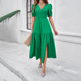 Dili 2025 Spring And Summer Women's Dress Your Temperament Solid Color V Collar Short Sleeves Long Dress