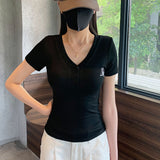Blue Shoulder V-Neck Chic Embroidered Short-Sleeved T-Shirt For Women's Summer New Design-Scuffed Shoal Blouse