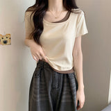 Fang Collar Short-Sleeved T-Shirt Women's 2026 Summer New Design Sense Of Small Body Pure Fake Two Short Tops