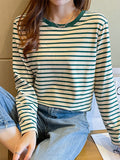 Pure Cotton Shoulder Long-Sleeved T-Shirt Women 2025 Spring And Autumn New Loose Striped Bottom Shirt Inside The T-Shirt Bloat