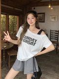 Korean Collidered Slammed Design Slant Shoulder Printed Short Sleeve T-Shirt Women's Summer New Leather Spice Girl Easier Loose T-Shirt