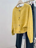 High-Grade Soft-Creative Yellow Knitted Cardigan Coat Women's Spring And Autumn Loose Short Small Lazy Long-Sleeved Sweater