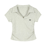 Rolling Polo Collar V-Neck Shoulder Short-Sleeved T-Shirt Girl 2025 Summer New Slim Short Solid Color Coat Tide