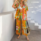 Dili 2025 Spring And Summer Leisure Holiday Wind Bohemian Geometric Cardigan Short Sleeve Broad Leg Pants Set