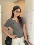 Korean Ash Hemp Shoulder Short-Sleeved T-Shirt Girl Summer New Hottie Slimming Embroidered Knitted Shirt Top