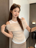 Pure Desire To Collar A Word Off-The-Shoulder Fake Two Lace Spliced Short-Sleeved T-Shirts For The Summer New Folds On The Body